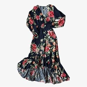 Passaro Boho Hippie Dark Floral Navy High Low Maxi Dress Small